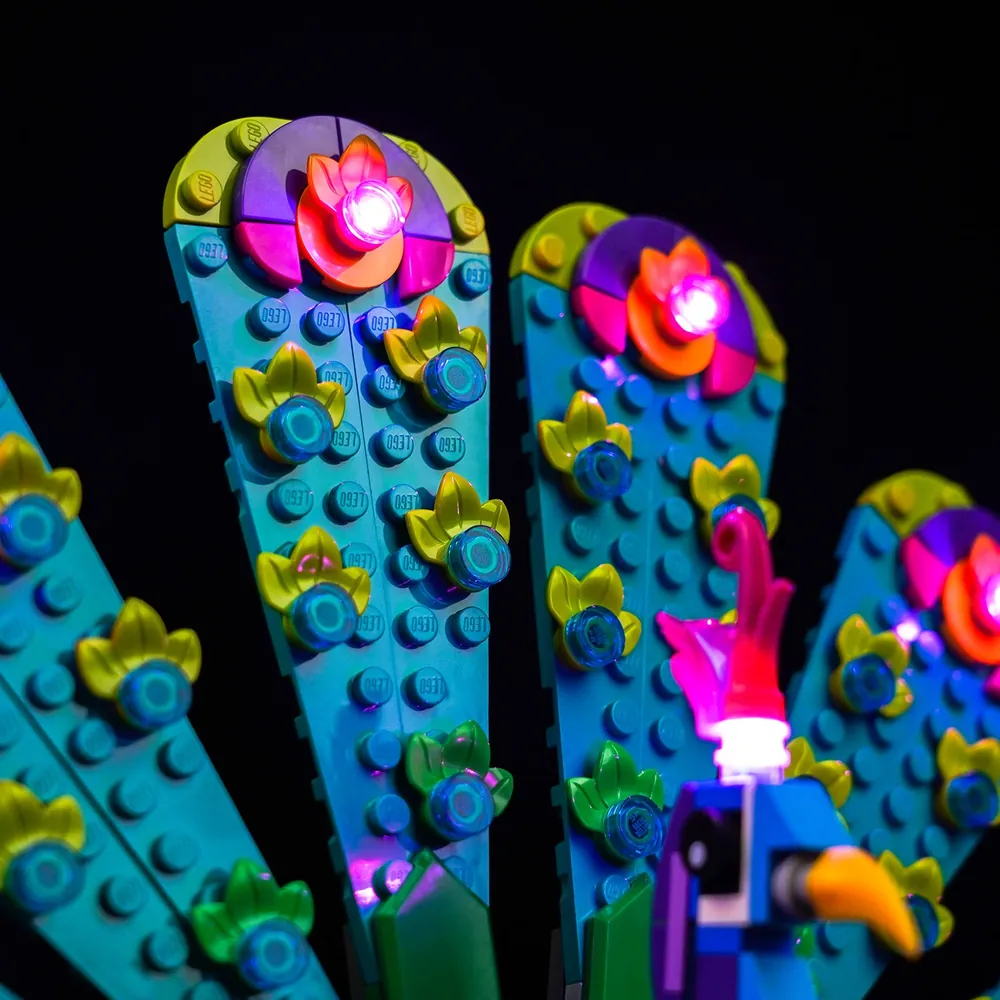 BrickBling LED kit applied to the LEGO peacock's alternate dragonfly build