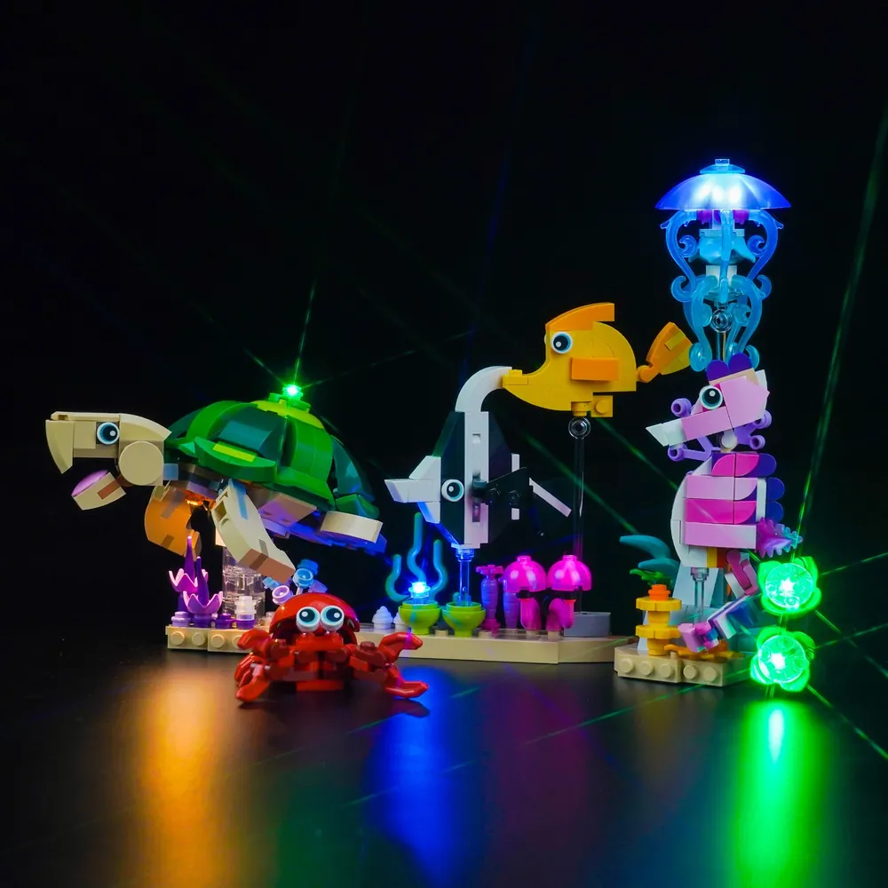 BrickBling LED kit illuminating LEGO Sea Animals 31158 with modular micro-LEDs