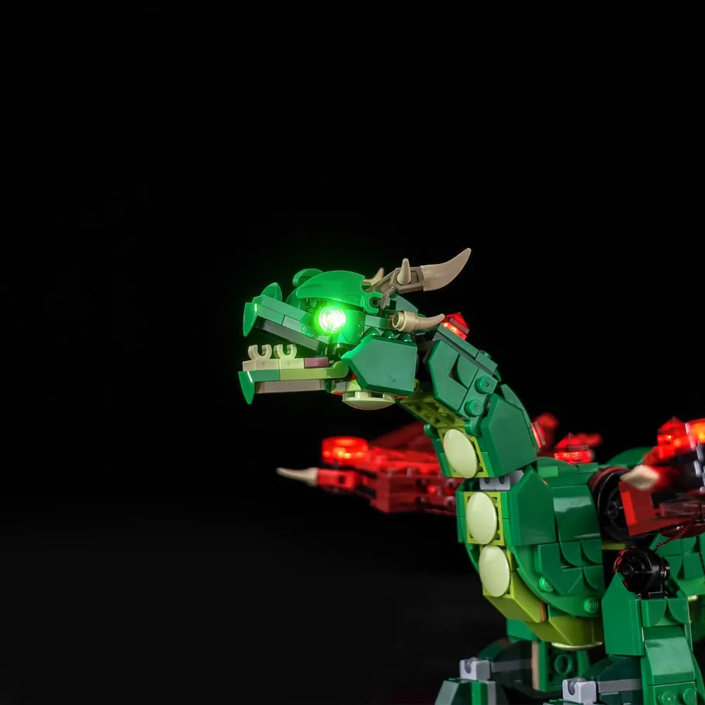 Close-up of BrickBling modular micro-LEDs on LEGO dragon wing