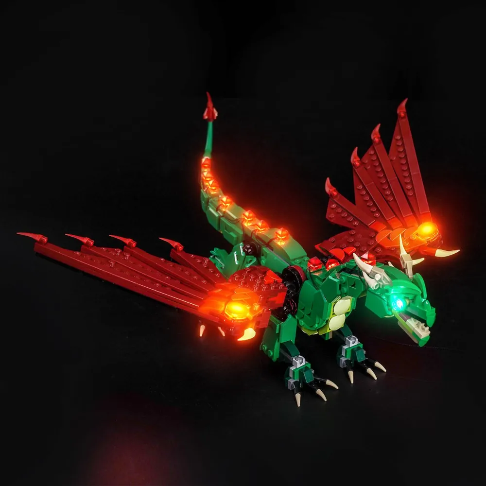 LEGO Medieval Dragon 31161 with BrickBling lights in a dark display setting