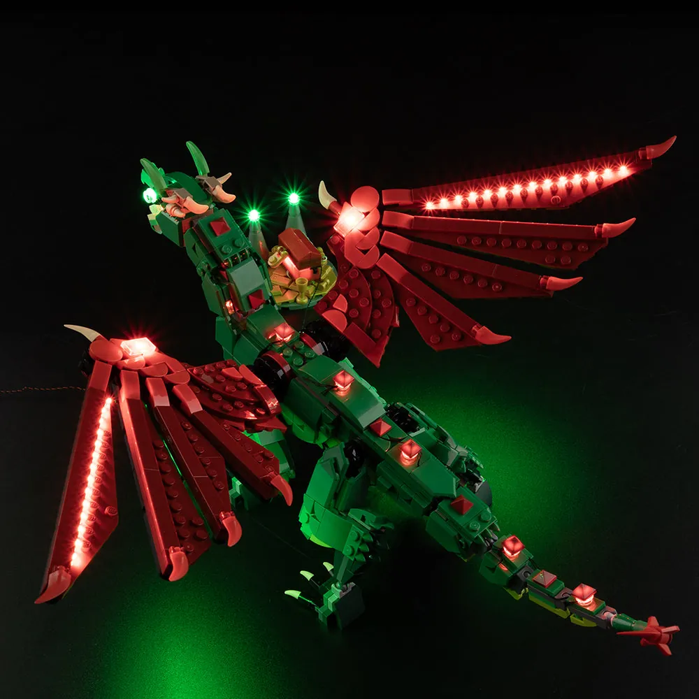 LEGO Medieval Dragon 31161 with Game of Bricks lights in a display case