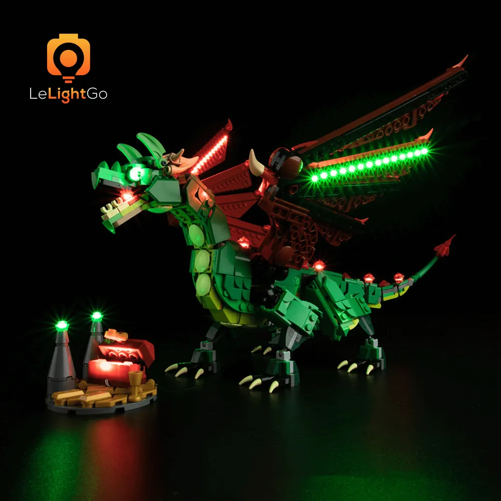 LeLightGo LED kit for LEGO 31161 Medieval Dragon illuminating the fire and eyes