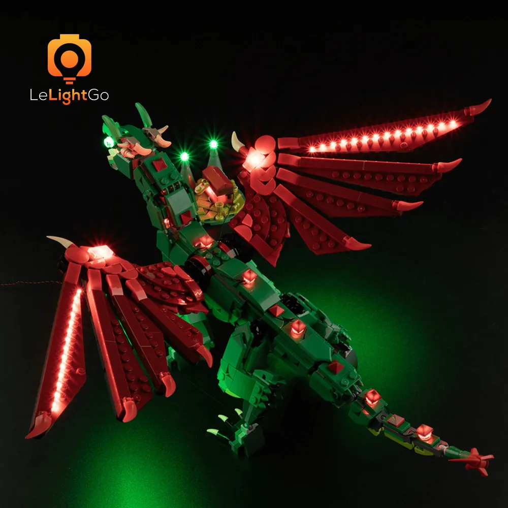 LEGO Medieval Dragon 31161 with LeLightGo lights in a darkened room