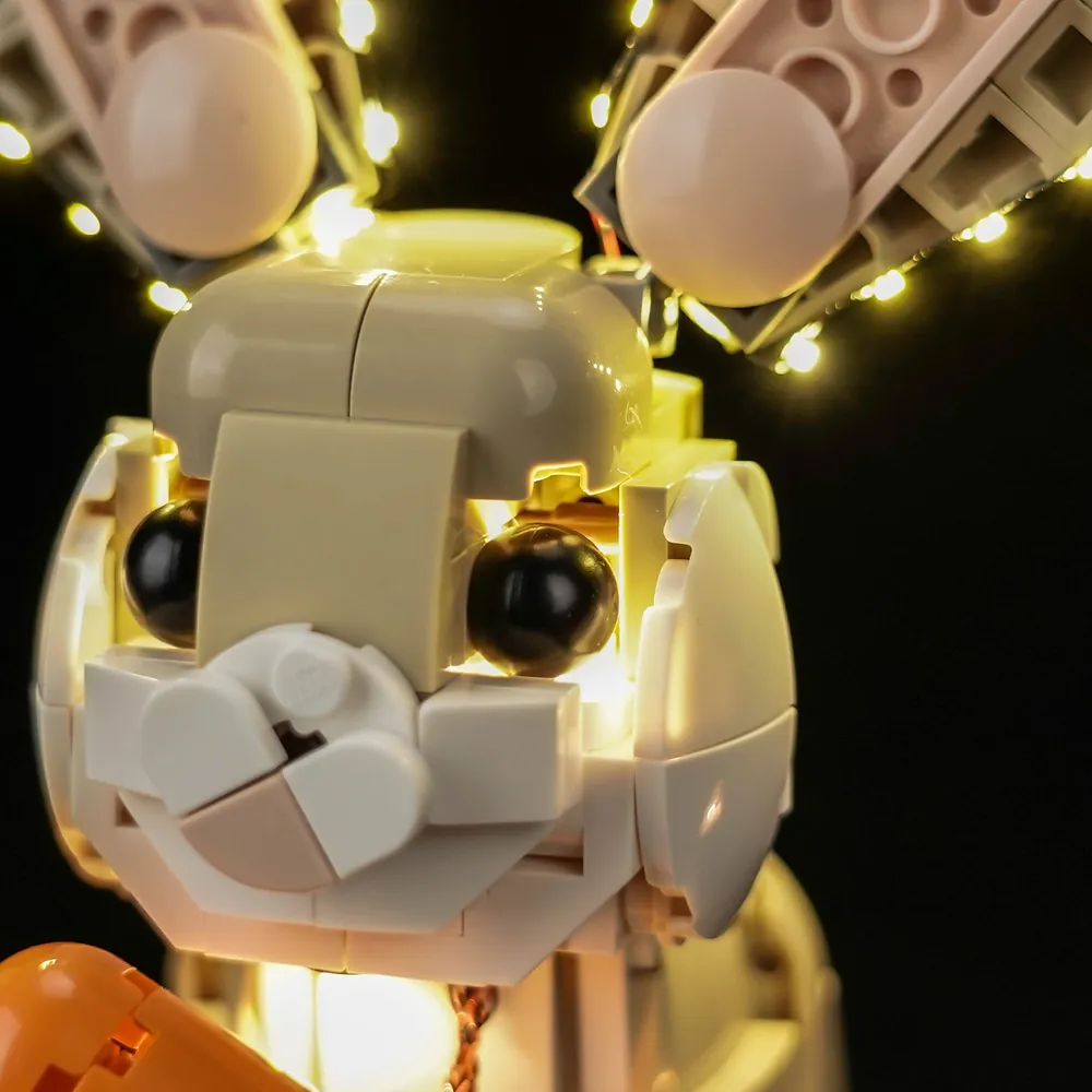 Close-up of BrickBling LEDs on the bunny's carrot and face