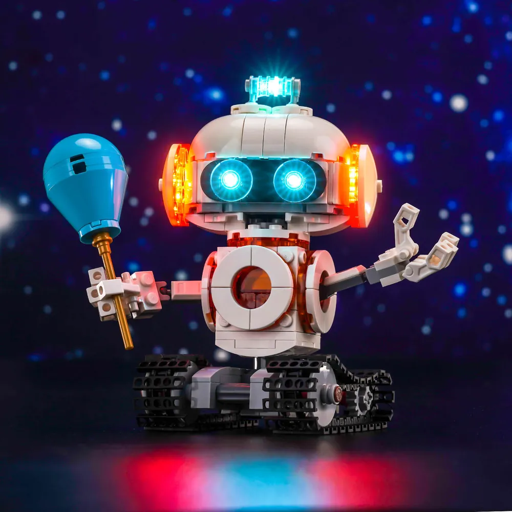 BrickBling LED kit for LEGO Space Robot 31164 showing front and chest illumination