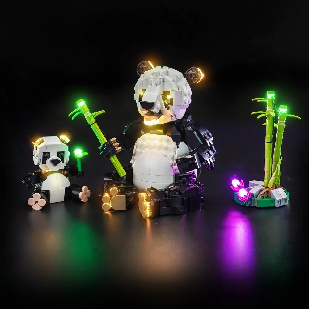 BrickBling LED kit for LEGO Panda Family 31165 with micro-LEDs on bamboo