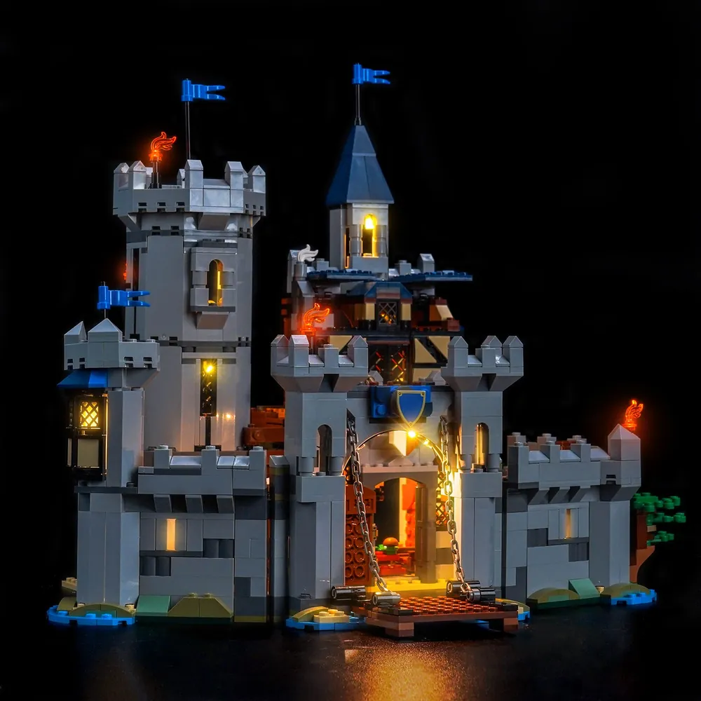 Close-up of BrickBling light kit wiring for LEGO Castle 31168