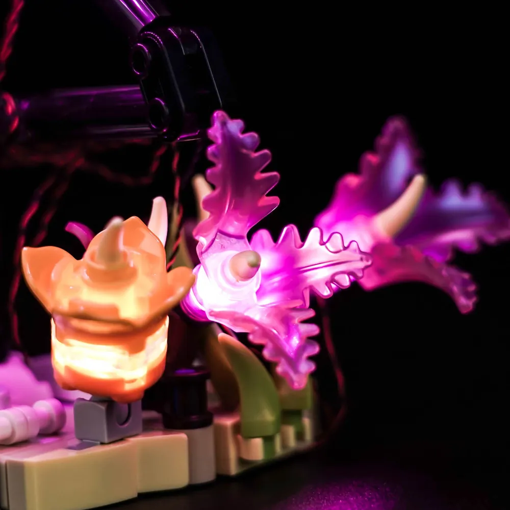 Close-up of BrickBling modular micro-LED wiring on LEGO flamingo