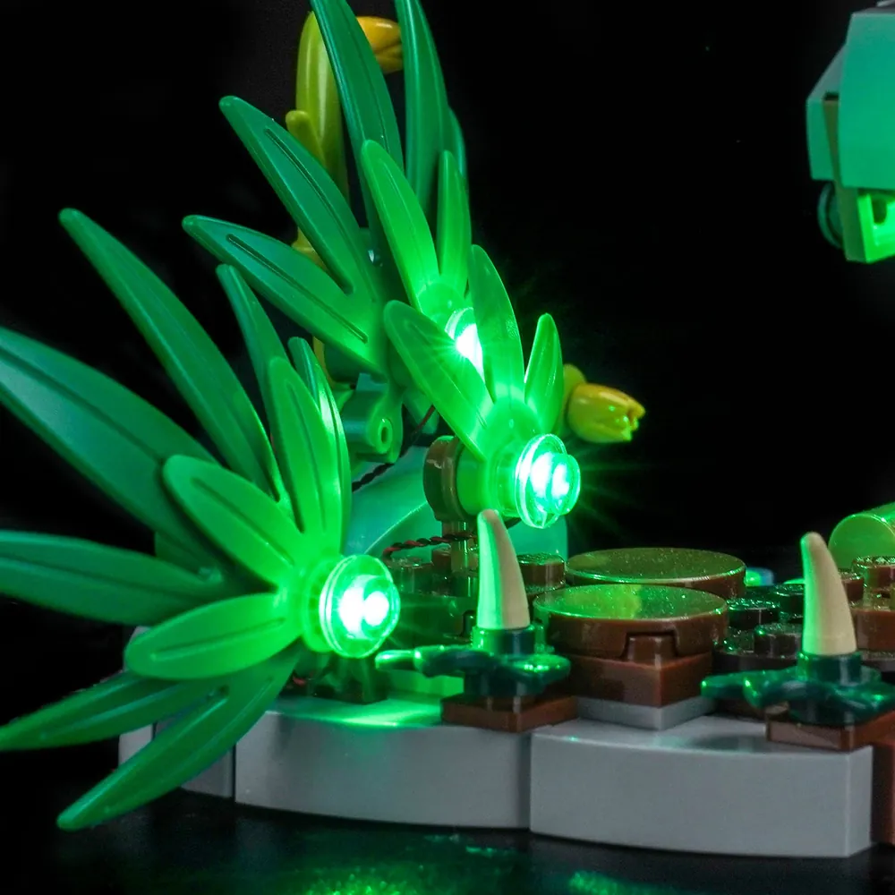 Close-up of BrickBling modular micro-LEDs on LEGO Rhino 31171, clean concealment