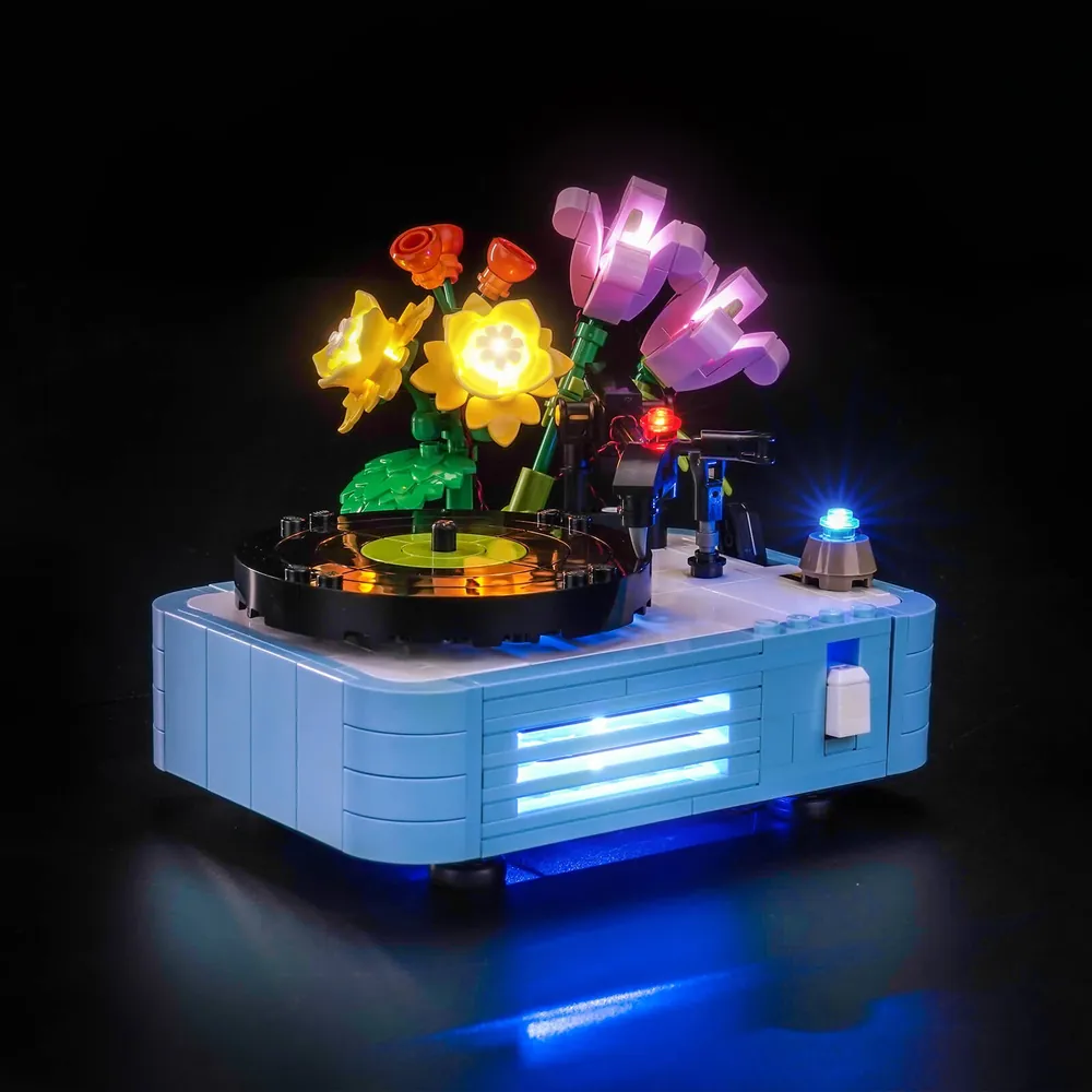 BrickBling light kit for LEGO Creator Record Player with Flowers 31172 highlighting the record player and flowers