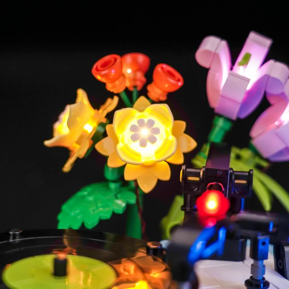 Close-up of BrickBling modular micro-LEDs on LEGO 31172 speaker and turntable