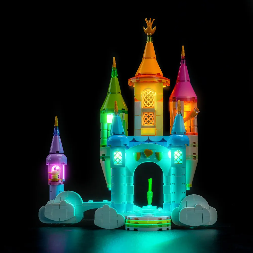 LEGO Unicorn Castle 31175 with BrickBling lighting kit illuminating turrets and windows