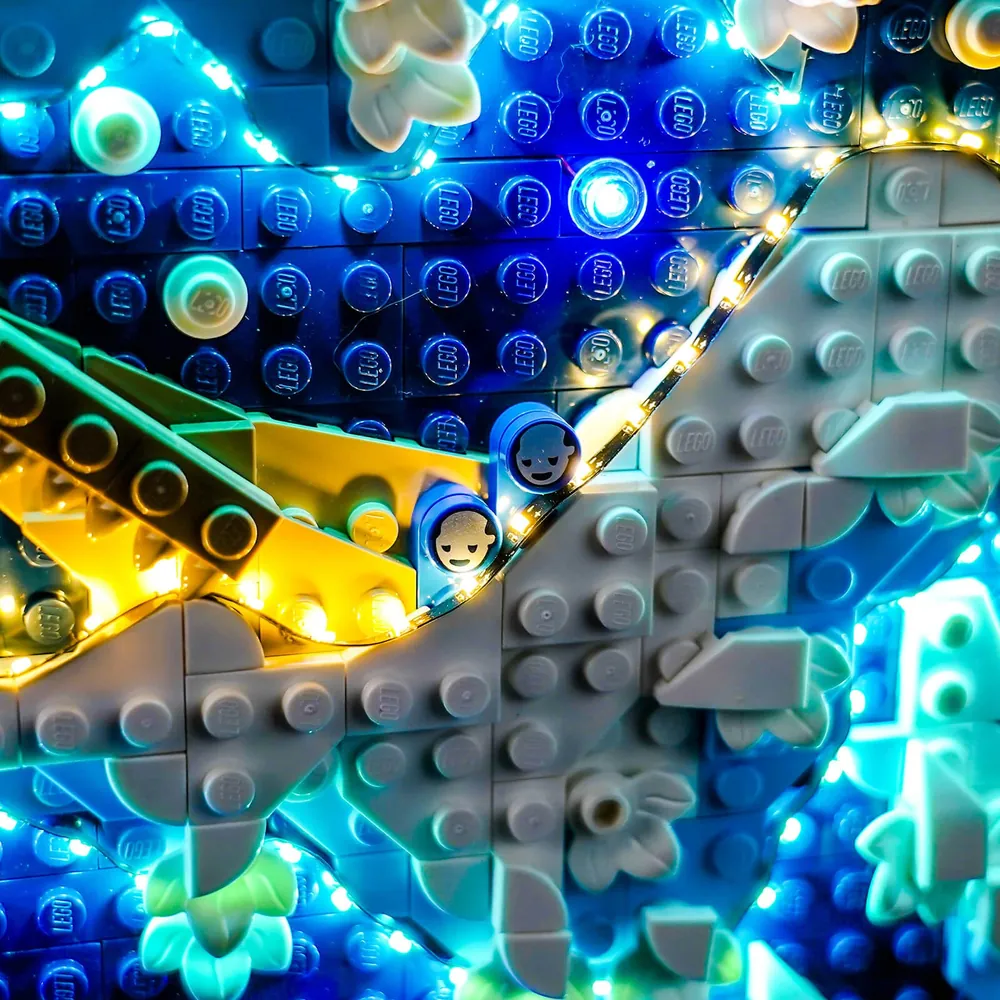 BrickBling light kit installed on Hokusai Great Wave brick art