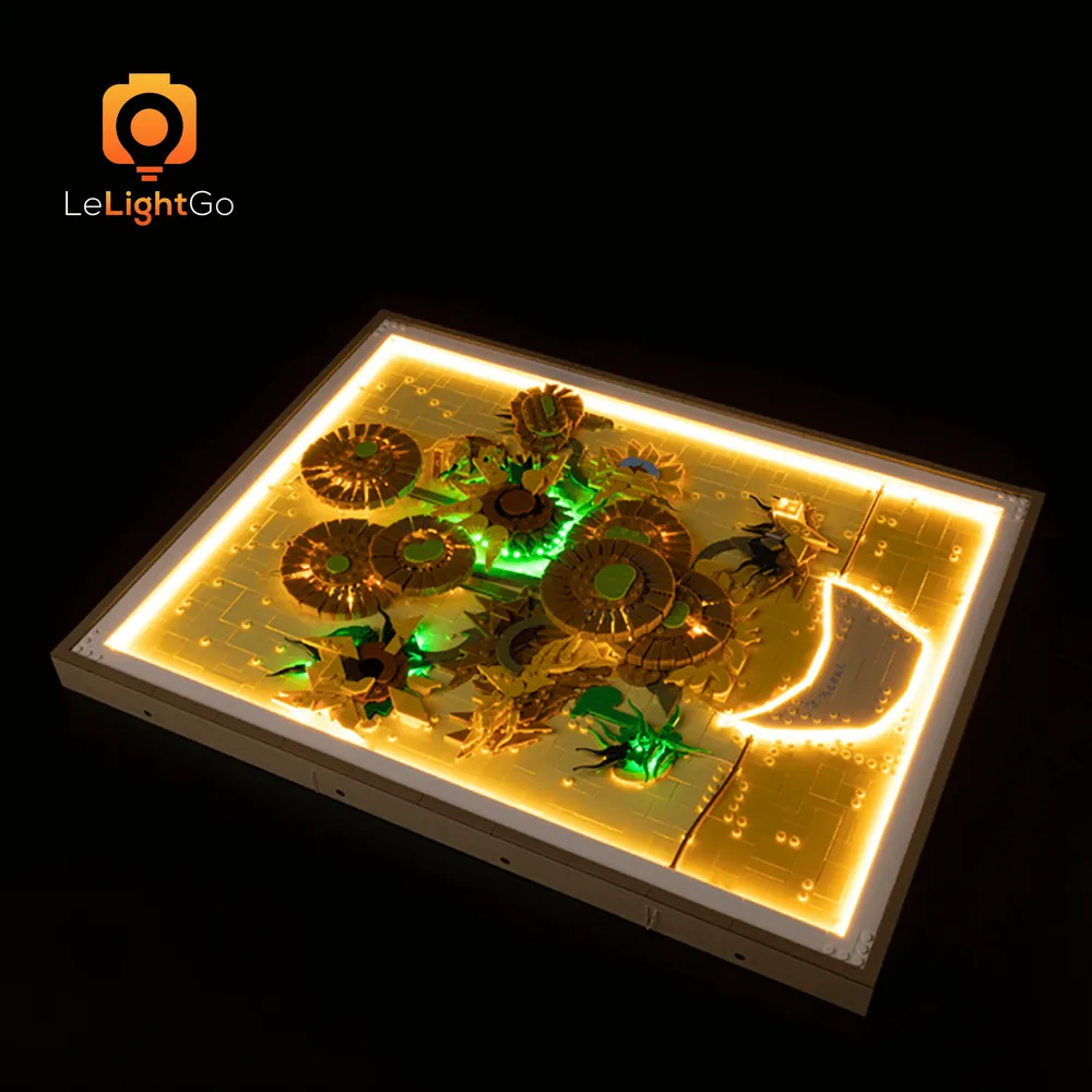 LeLightGo lit LEGO Sunflowers on wall, warm glow