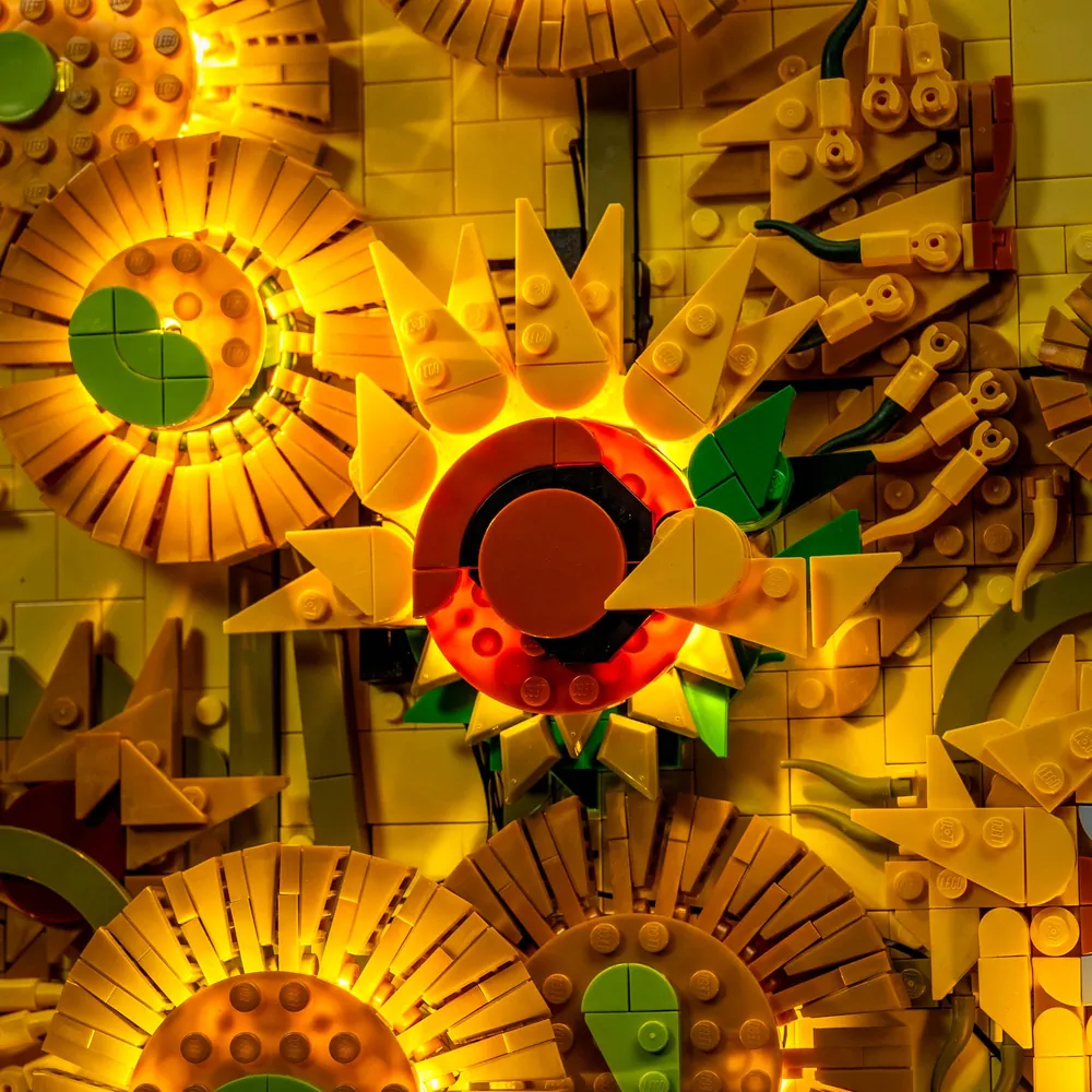 Close-up of LightMyBricks LEDs on LEGO Van Gogh petals