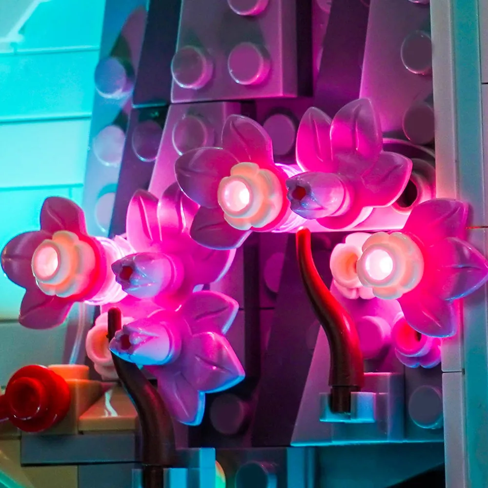 Close-up of BrickBling modular micro-LEDs on LEGO cherry blossom tree