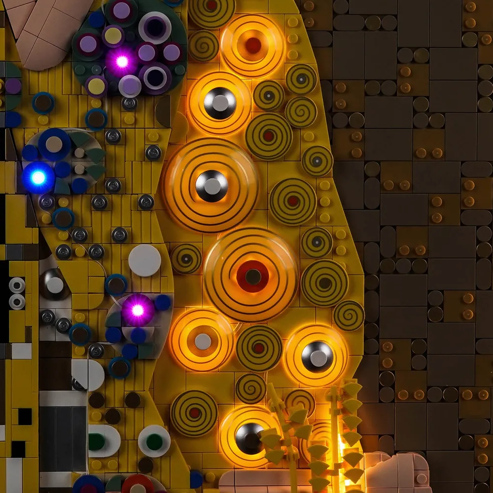 Close-up of BrickBling modular micro-LEDs on LEGO Klimt mosaic