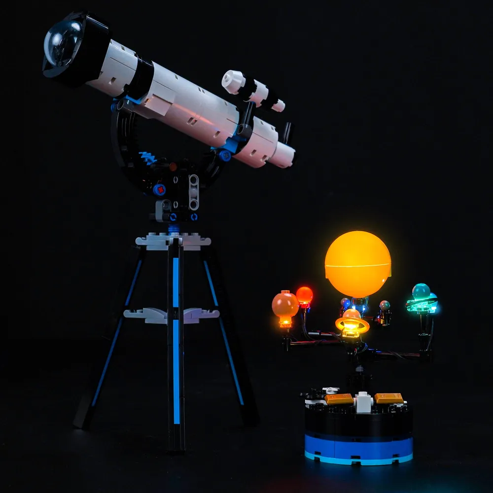 BrickBling LED kit illuminating the LEGO Space Exploration Telescope 31378 optical tube and base