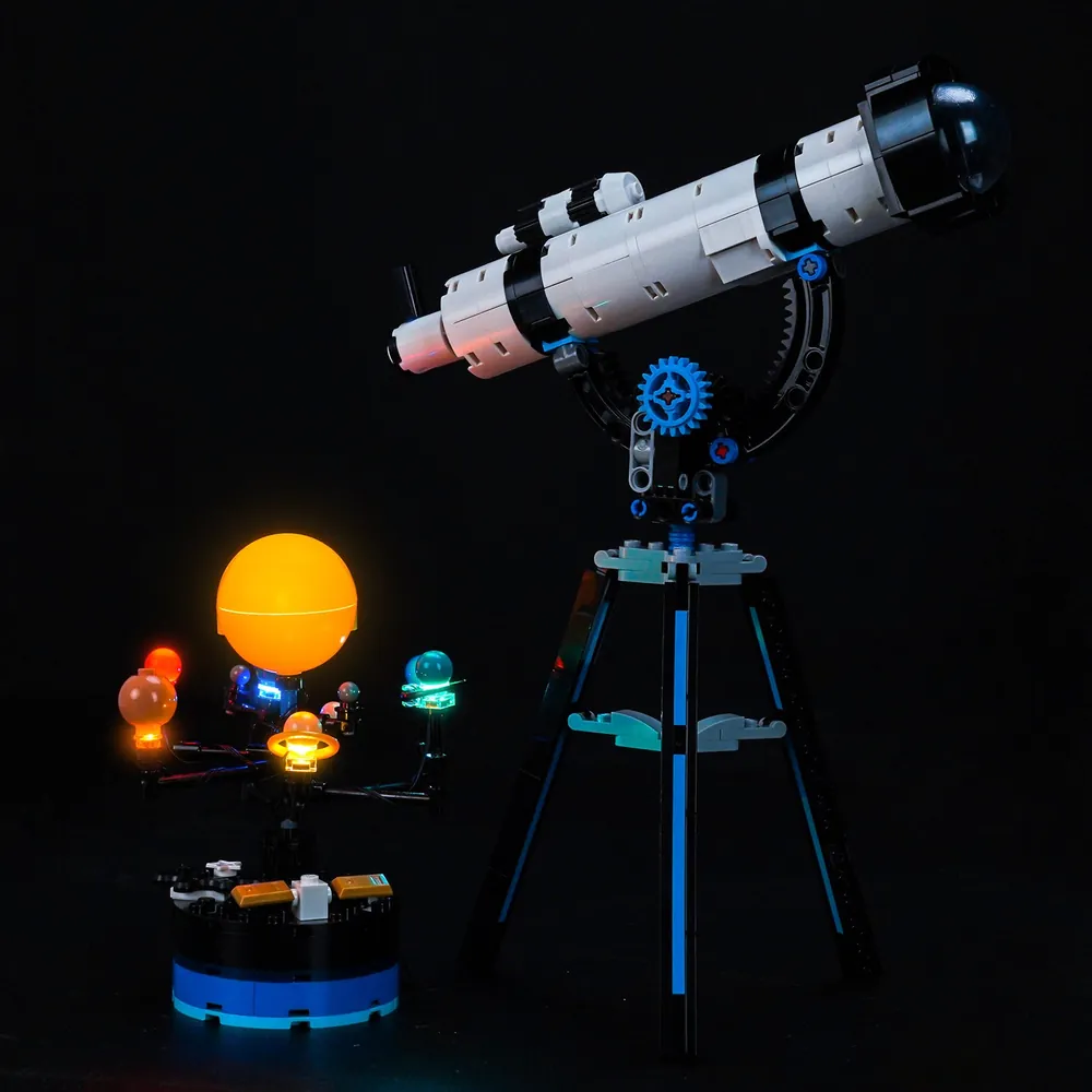 LEGO 31378 Space Exploration Telescope illuminated with BrickBling lighting kit in a dark room