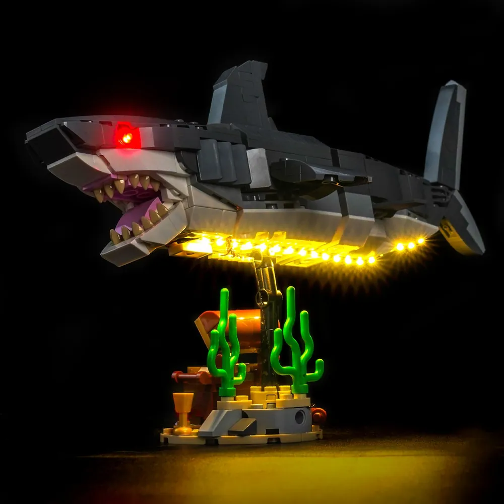 BrickBling LED kit lighting the LEGO Creator Fierce Shark's jaws and treasure chest