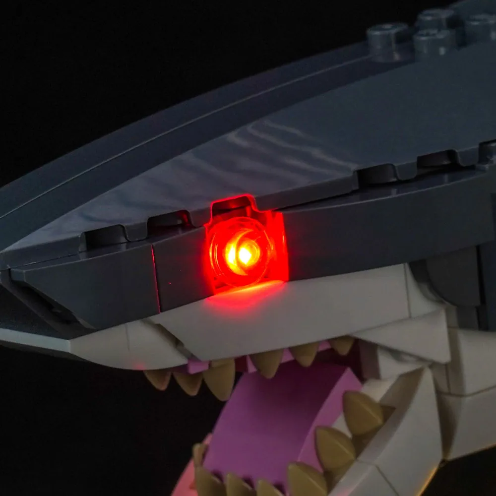 Close-up of BrickBling micro-LEDs on the shark's articulated jaw
