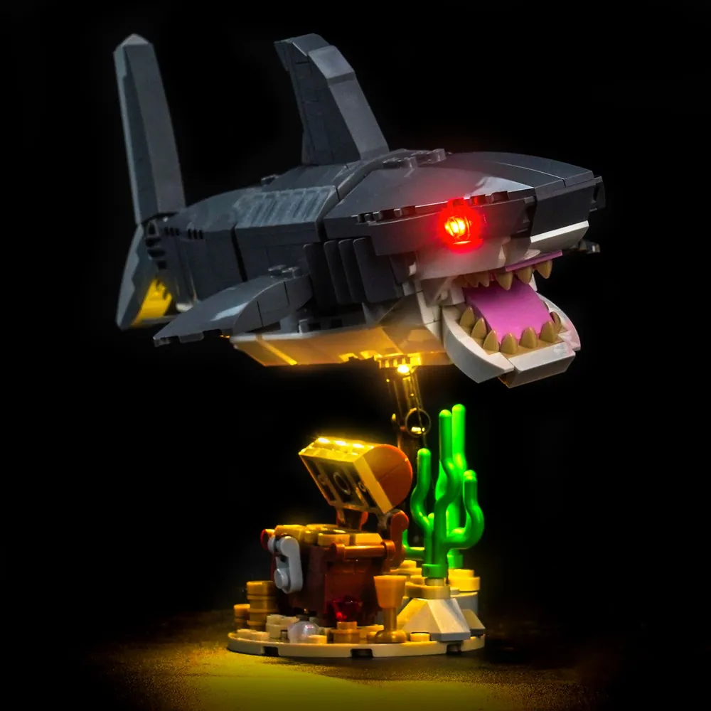 LEGO Fierce Shark with treasure chest illuminated by BrickBling kit