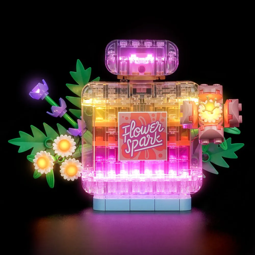 BrickBling LED kit for LEGO Creator 31383 illuminating the trans-clear bottle and colorful core
