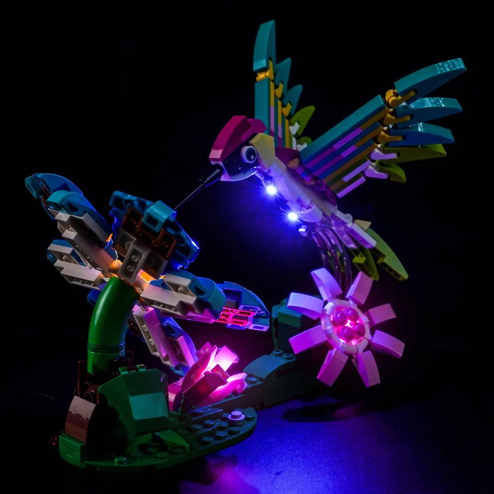 Close-up of BrickBling modular micro-LED wires on LEGO Hummingbird set