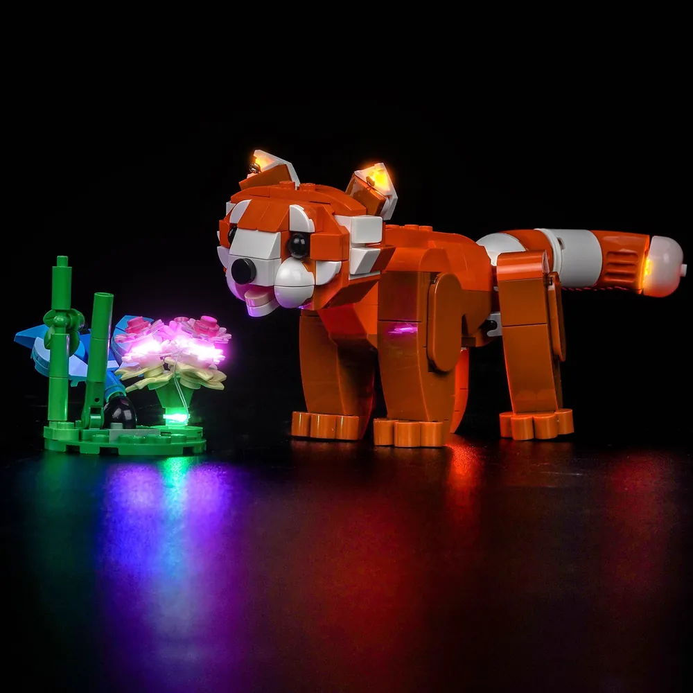 BrickBling LED kit illuminating the LEGO Creator Red Panda's face and butterfly