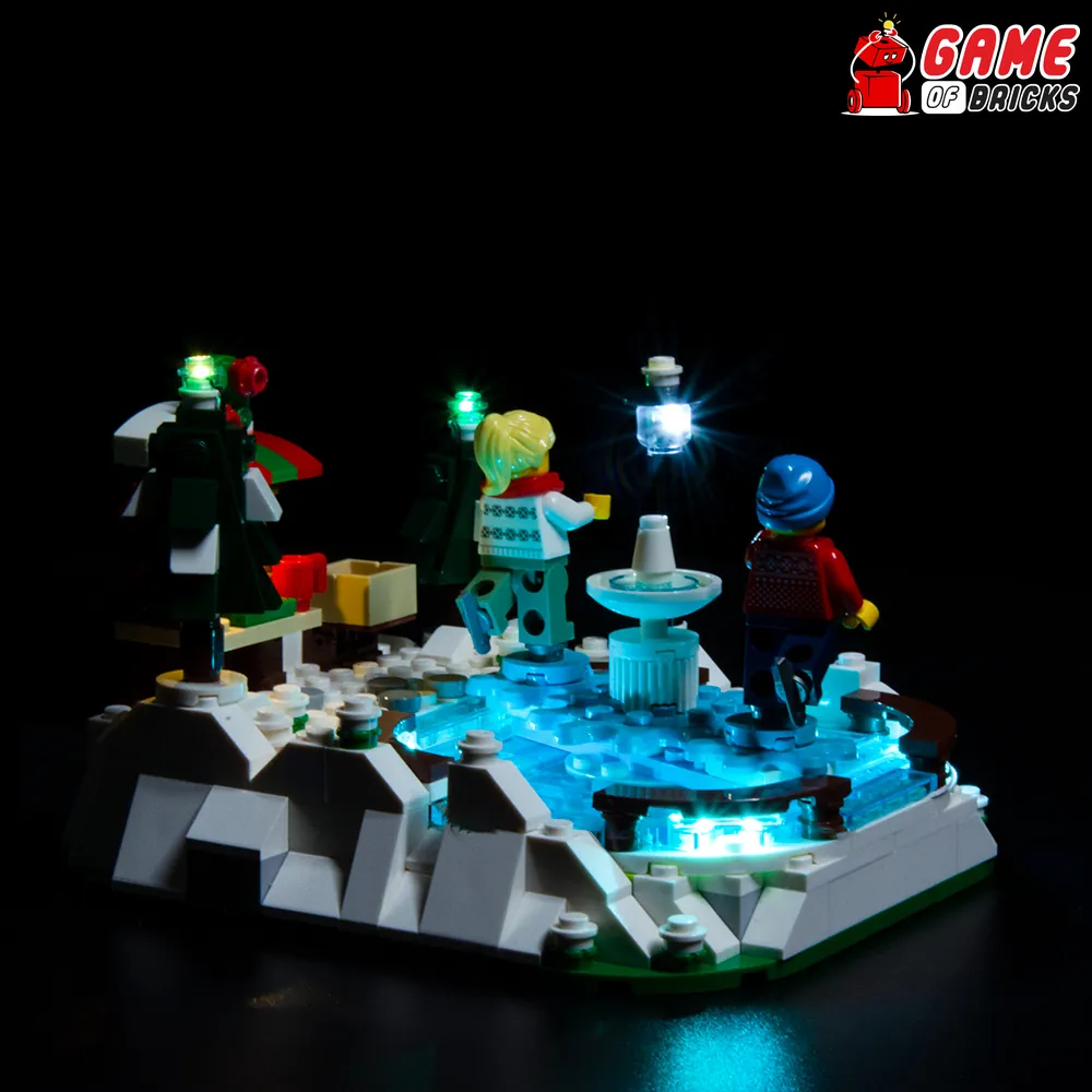 LEGO 40416 Ice Skating Rink at night with Game of Bricks LEDs illuminating the ice