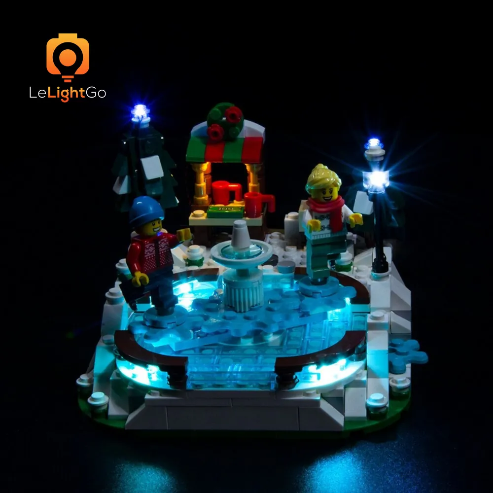 LEGO Ice Skating Rink 40416 with LeLightGo micro-LEDs highlighting the ice and minifigures