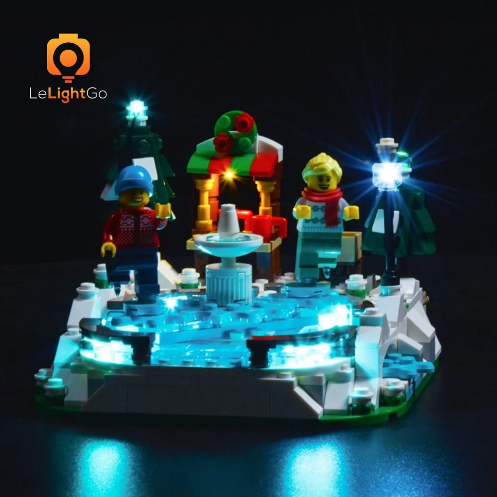 Close-up of LeLightGo micro-LEDs placed around LEGO 40416 fountain