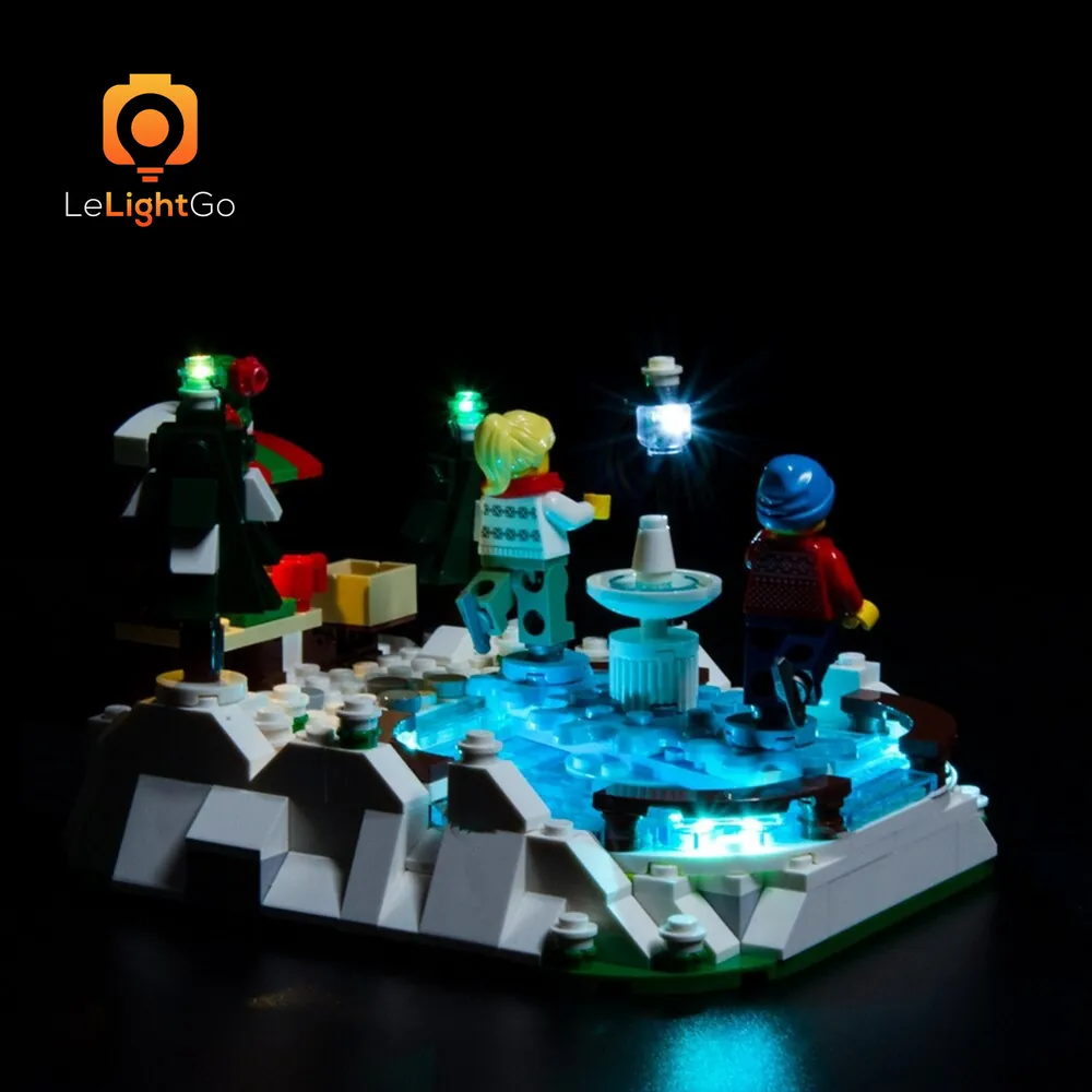LEGO 40416 Ice Rink glowing with LeLightGo lights in a winter display