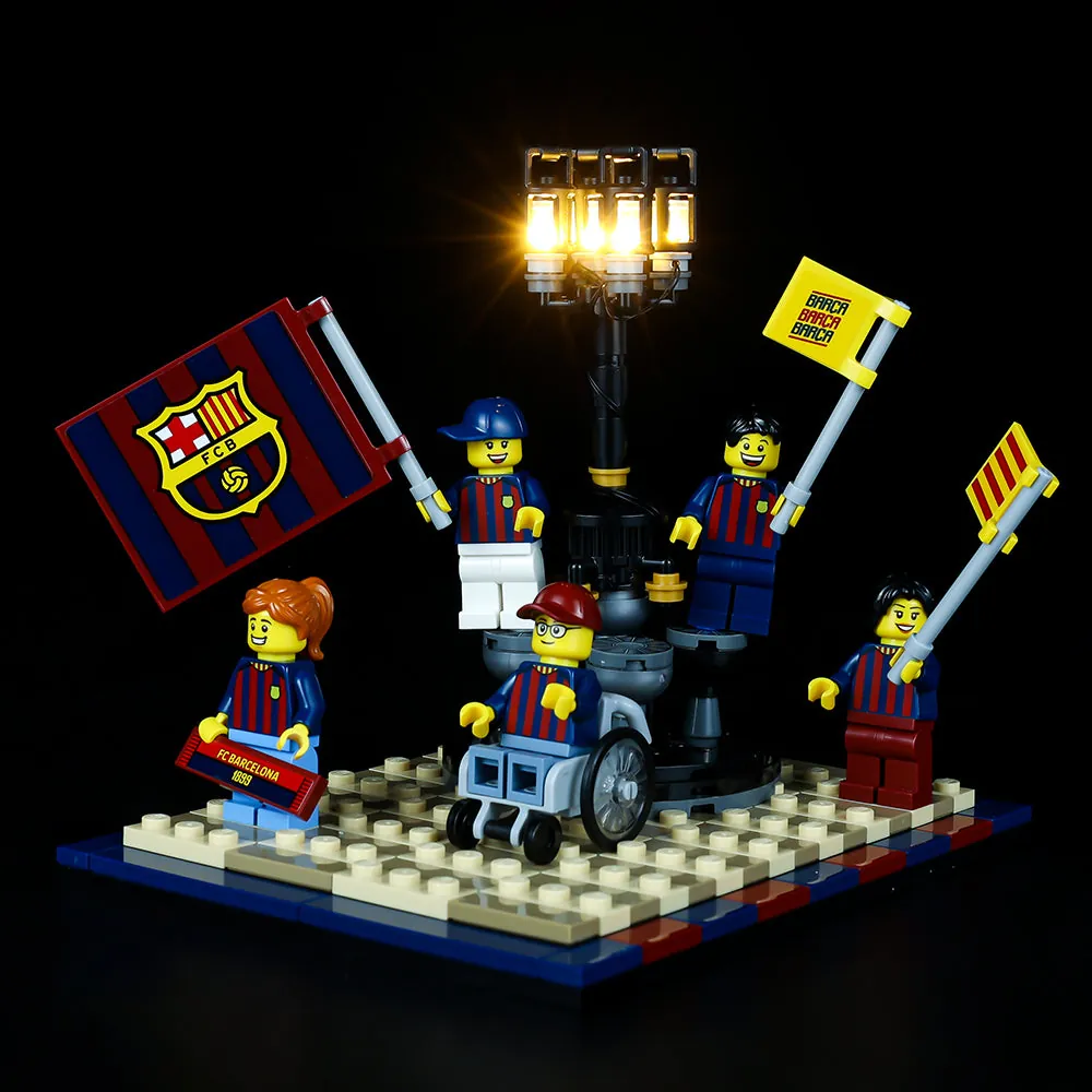 FC Barcelona Celebration 40485 with Game of Bricks LED lighting kit installed, highlighting the monument and fan area