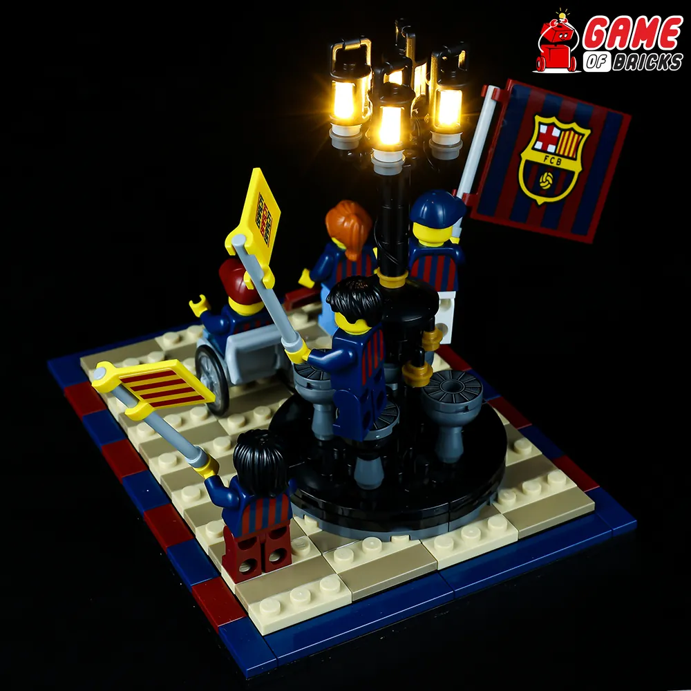 FC Barcelona Celebration 40485 display with the Game of Bricks LED kit glowing in a room setting