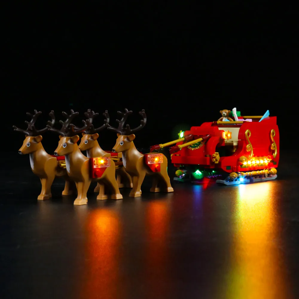 BrickBling LED kit for LEGO Santa's Sleigh 40499 illuminating the sleigh and reindeer
