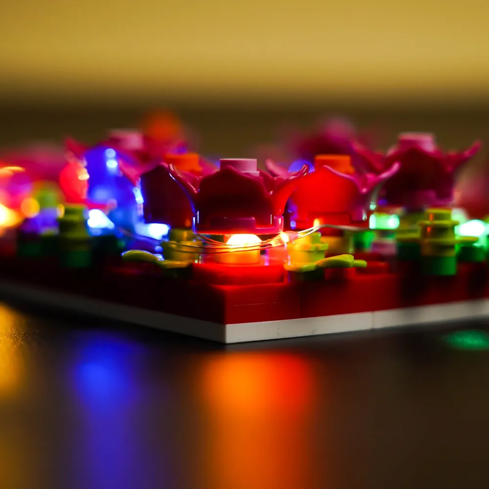 Close-up of BrickBling modular micro-LEDs on LEGO Heart Ornament floral sub-assemblies