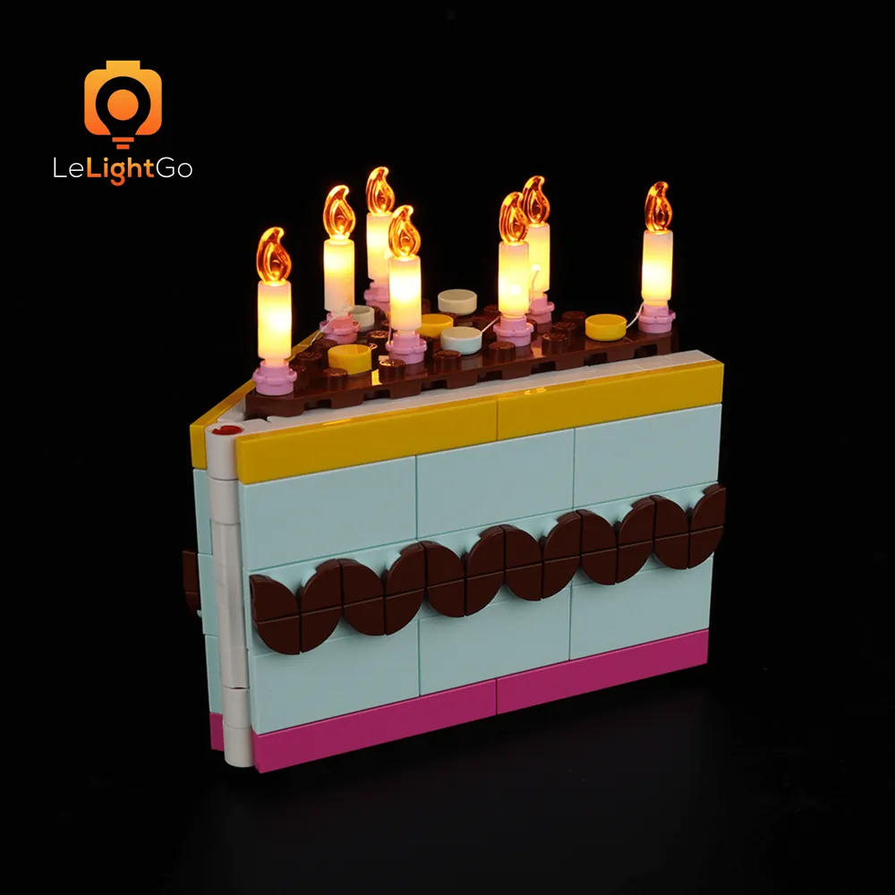 LEGO Birthday Cake 40641 with LeLightGo light kit, micro-LEDs glowing through frosting