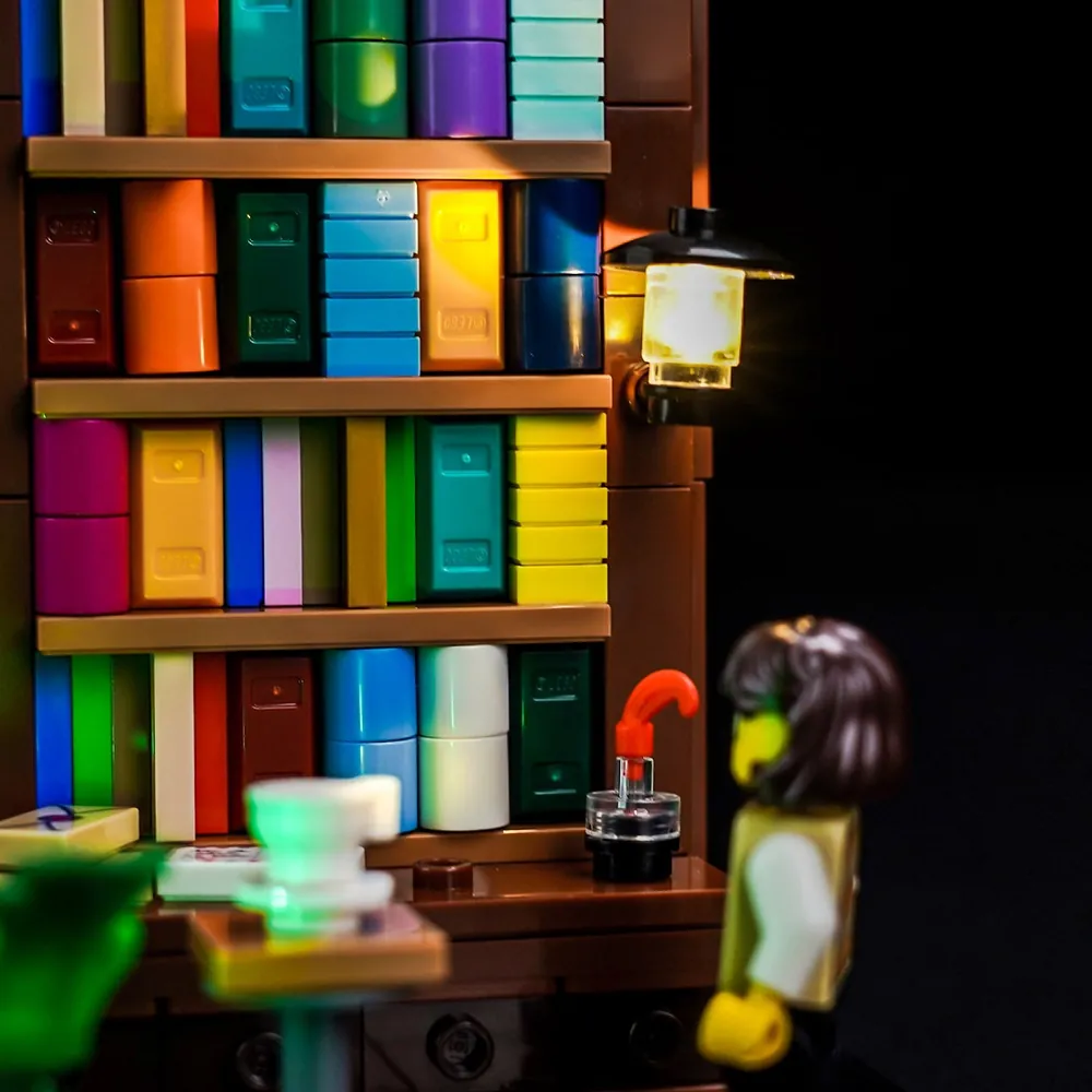 Close-up of micro-LEDs on LEGO library set with minifigure