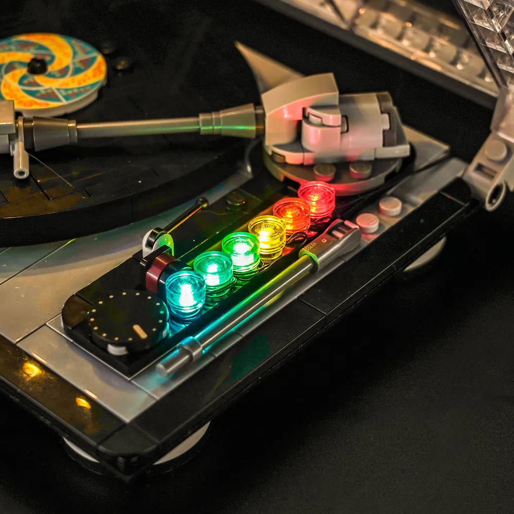 Close-up of BrickBling micro-LED wiring on the LEGO Retro Record Player 40699
