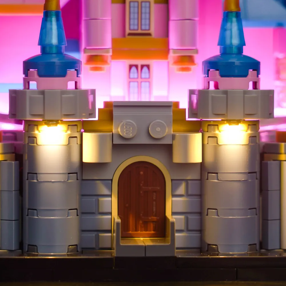 Close-up of BrickBling modular micro-LED wiring on LEGO 40720, showing clean concealment
