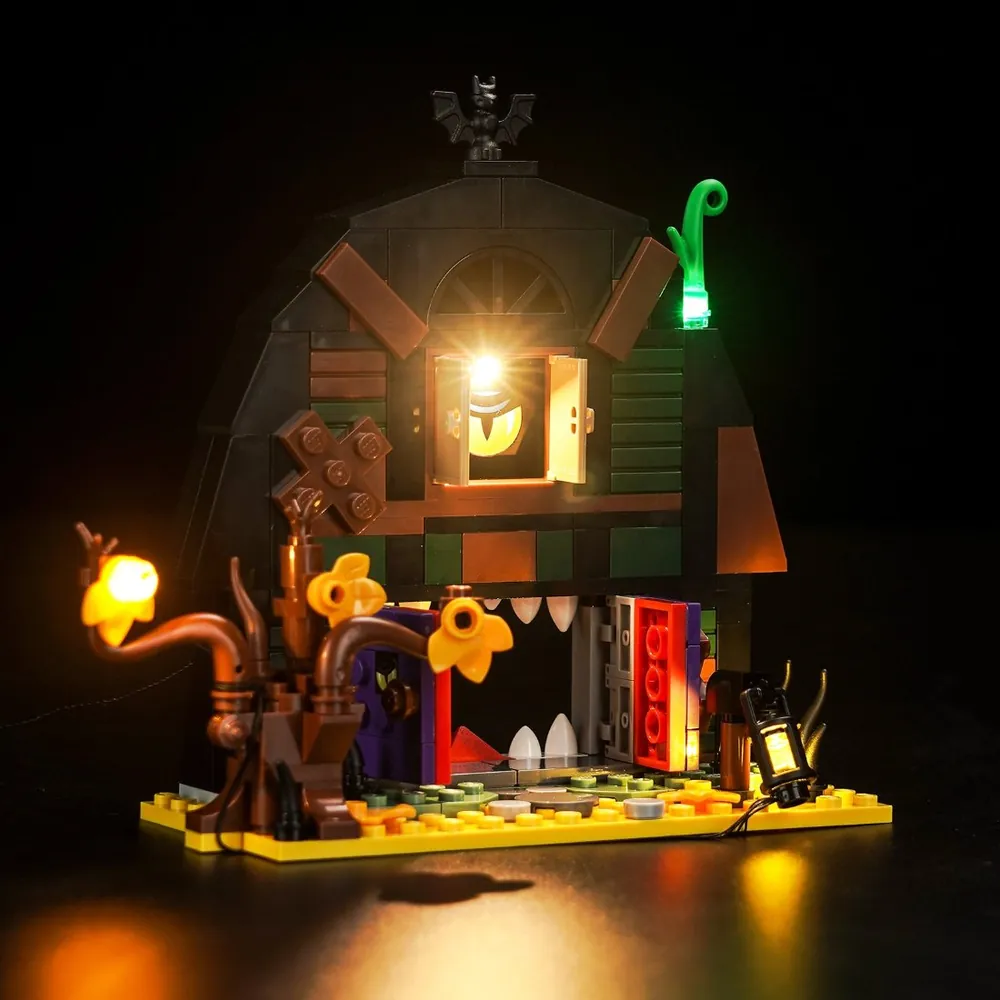 BrickBling LED kit lighting up the LEGO Halloween Barn's monster mouth