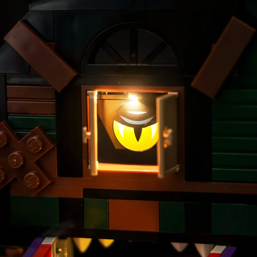 Close-up of BrickBling LEDs highlighting the barn's glowing eye