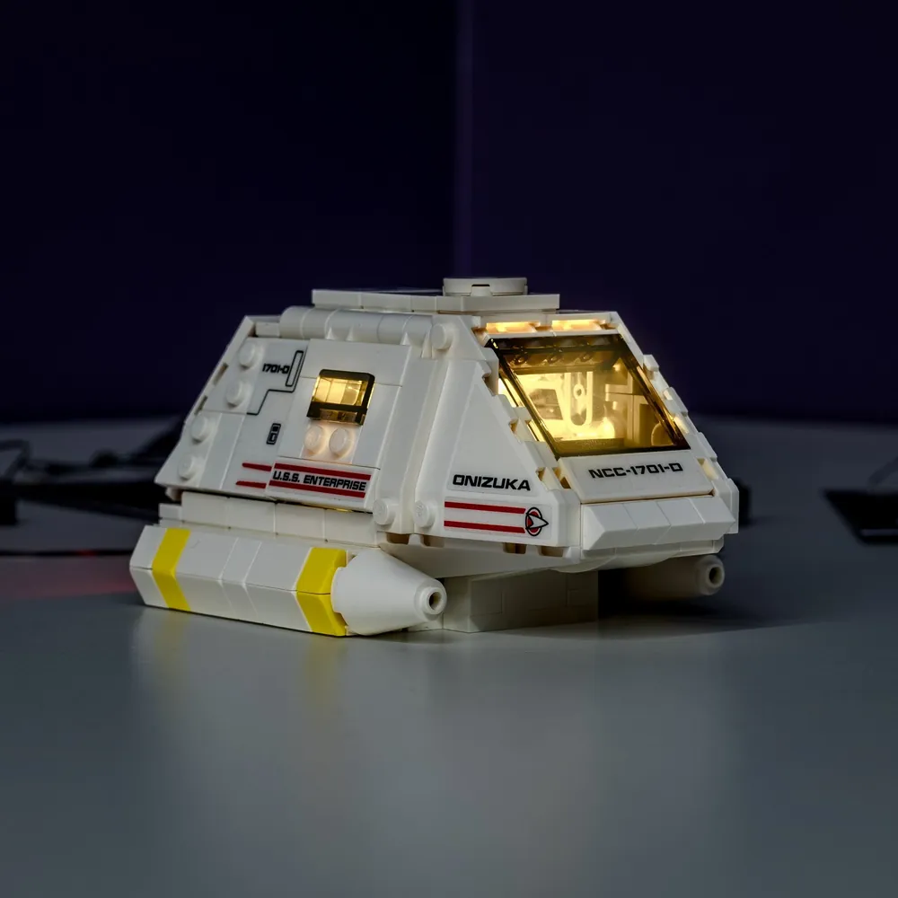 LEGO Star Trek Type-15 Shuttlepod with LED lighting kit illuminating the cockpit and hull