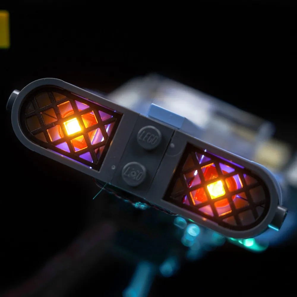 Close-up of BrickBling micro LEDs on rear thrusters of Flying Moon Car