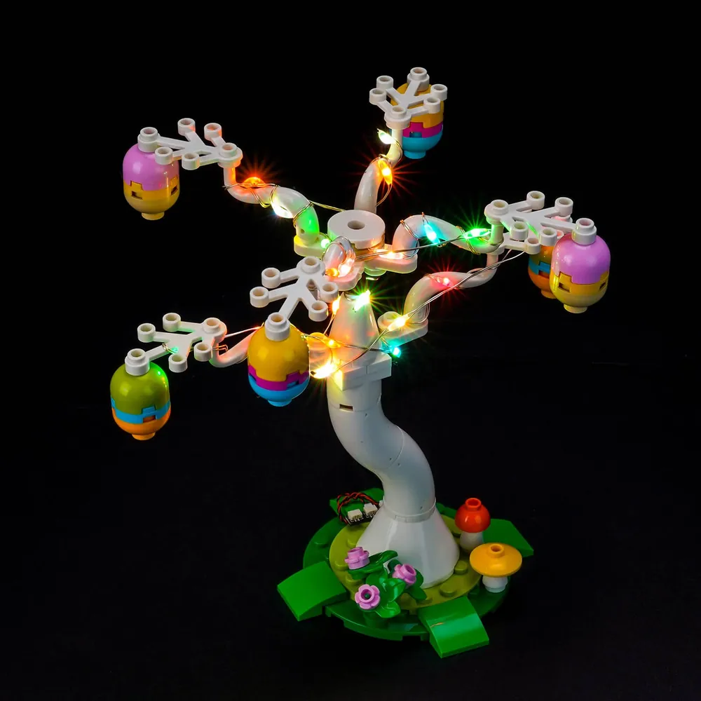 LEGO 40808 with BrickBling lights on a shelf, showcasing the seasonal glow