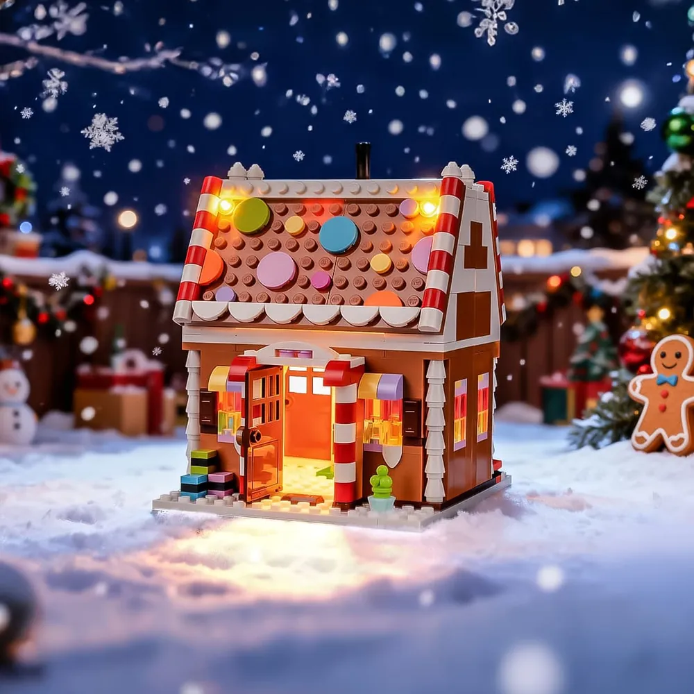 Lightailing LED light kit installed on LEGO Festive Gingerbread House 40809 highlighting the interior