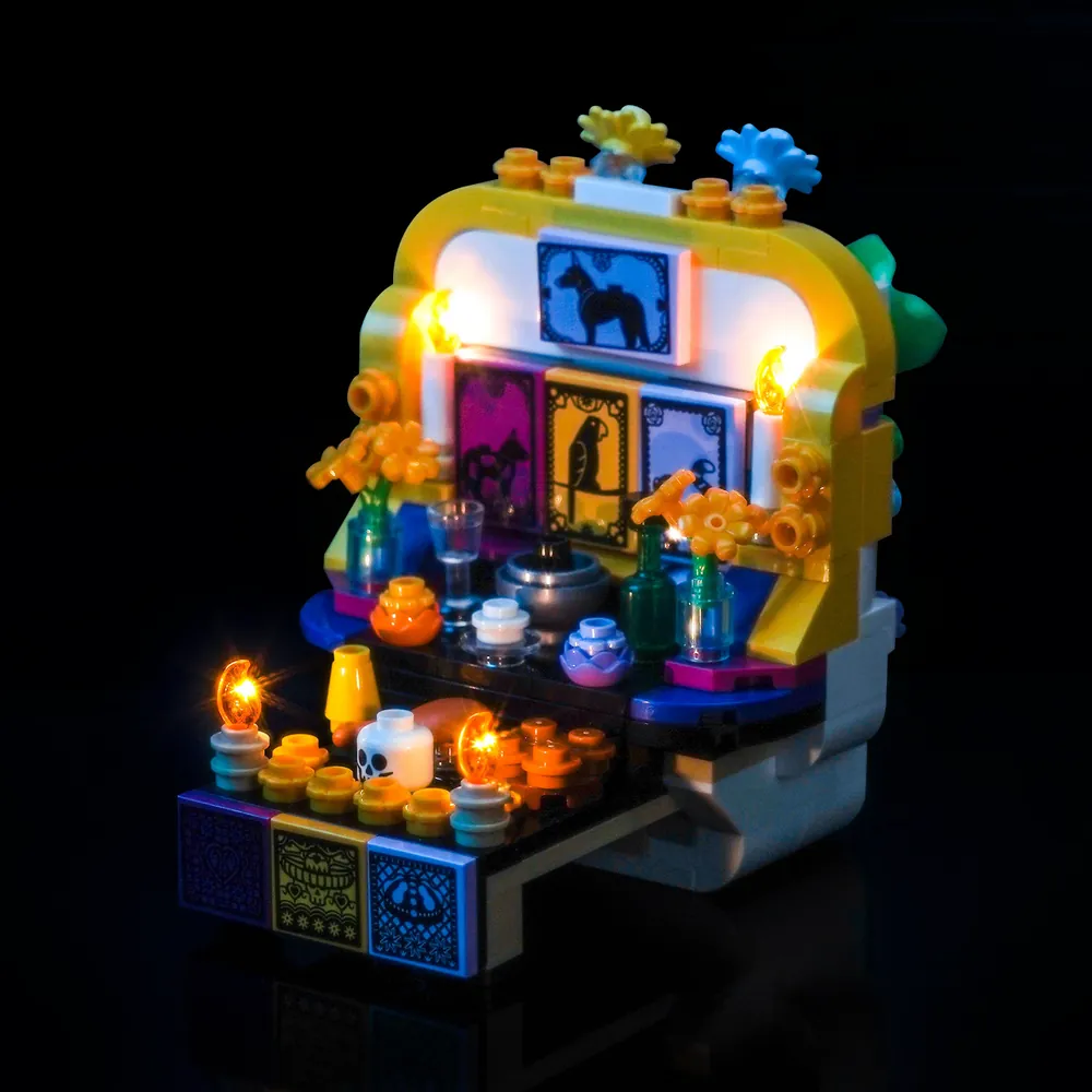 LEGO Altar of the Dead 40811 with BrickBling LEDs highlighting the skull and flowers