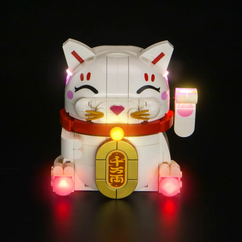 BrickBling light kit for LEGO Lucky Cat 40813 illuminating the waving paw