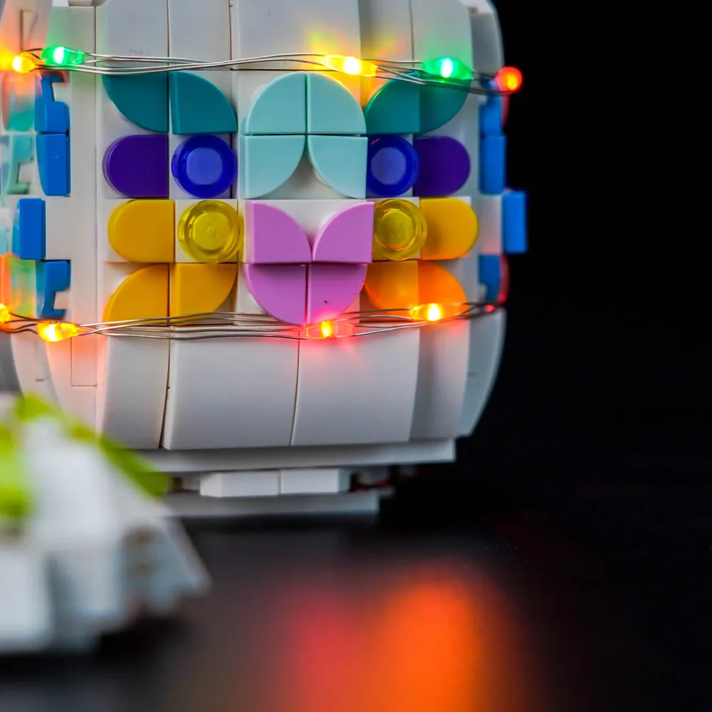 Interior warm glow inside open LEGO Easter Egg 40816 with BrickBling light string